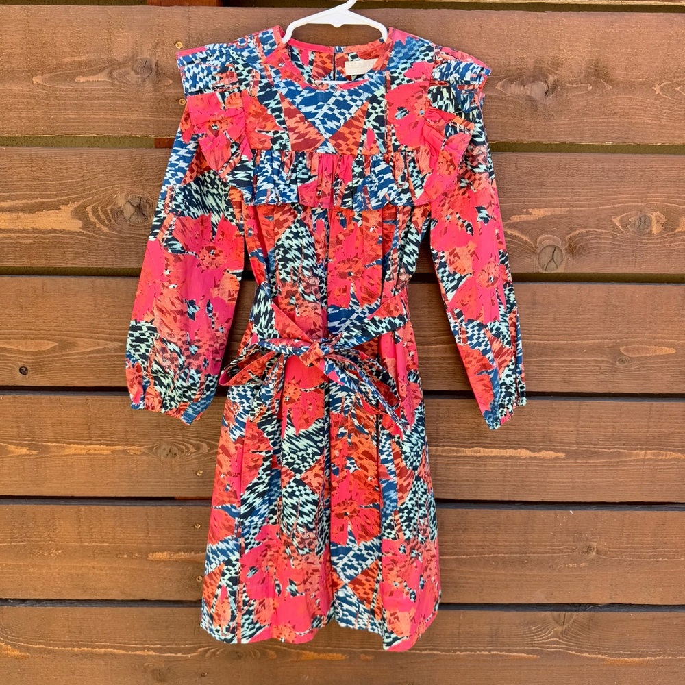 Kid’s Ulla Johnson Kimaya Abstract Belted Tie Waist Ruffle A-Line Shift Dress 6Y